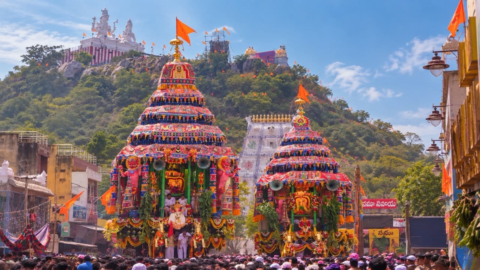 Sri Kalahasti temple festival with decorated chariots