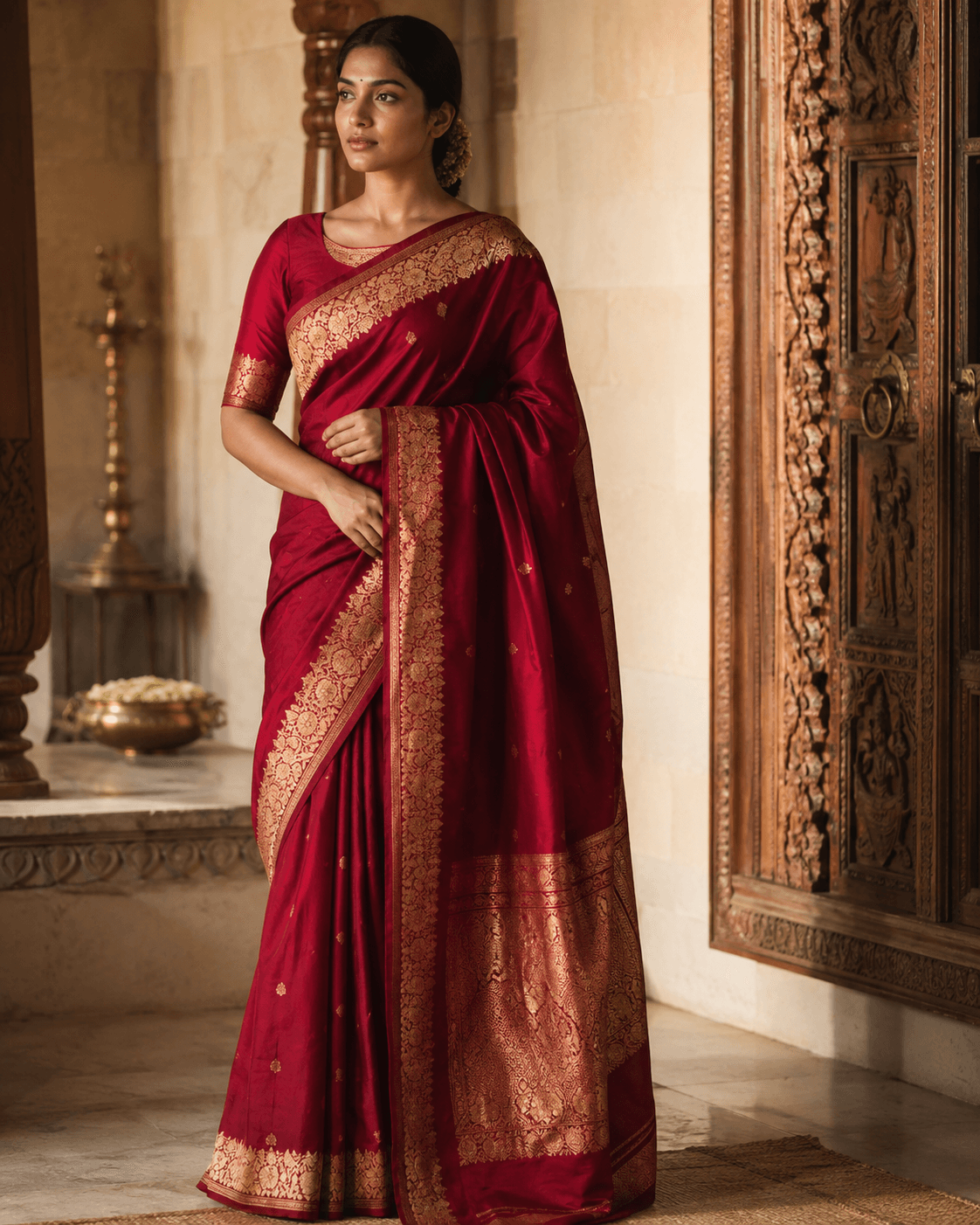 Crimson Kanchipuram silk saree with antique gold border