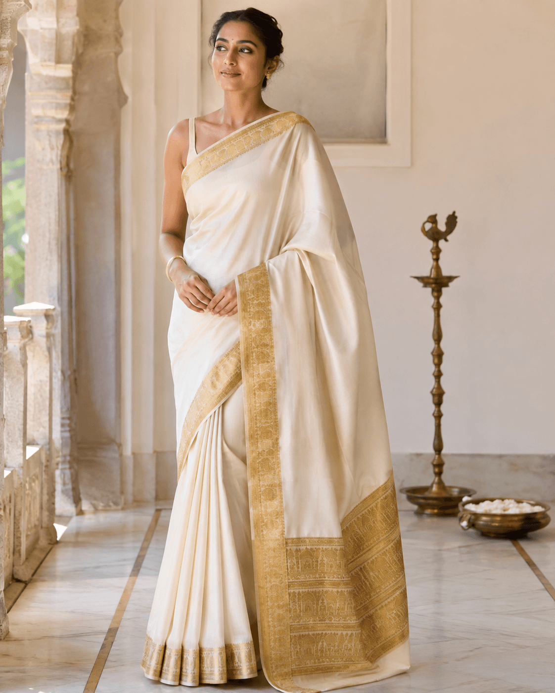 Ivory silk saree with a quiet heritage border