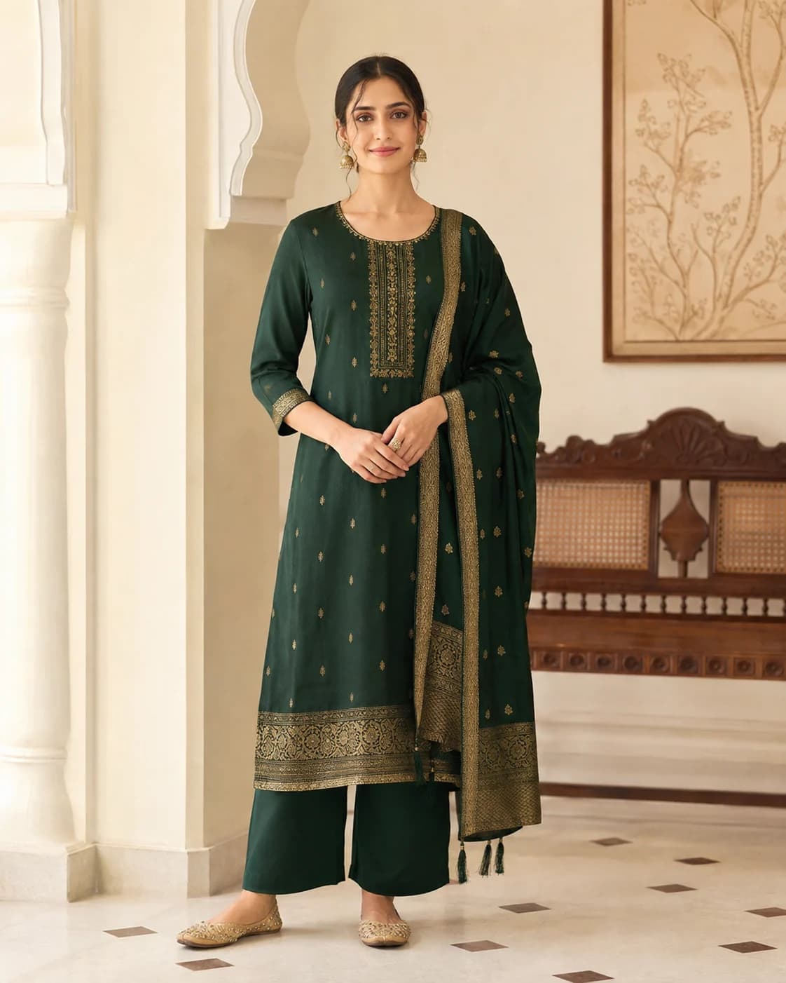 Bottle green silk kurti set with antique gold woven detailing